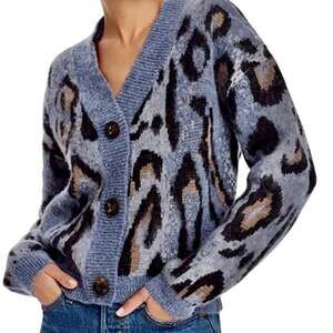 Aqua Wool Blend Blue Leopard Animal Print Cardigan Sweater V Neck Avant Garde